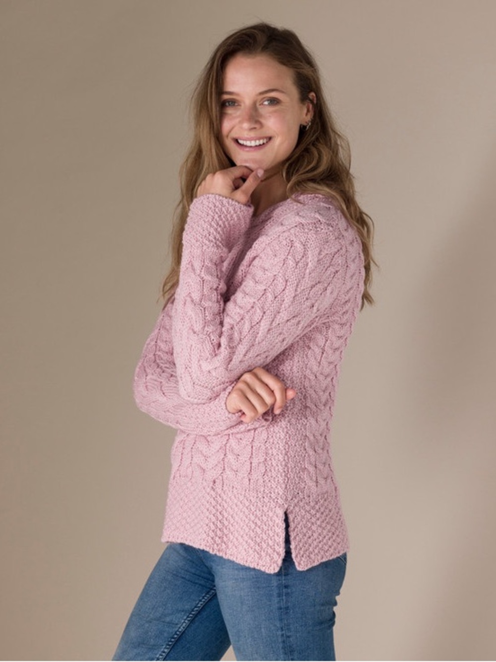 NWT Aran Ireland Pale Pink Si‎de S‎‎lit Tunic Swe‎ater, Size XS